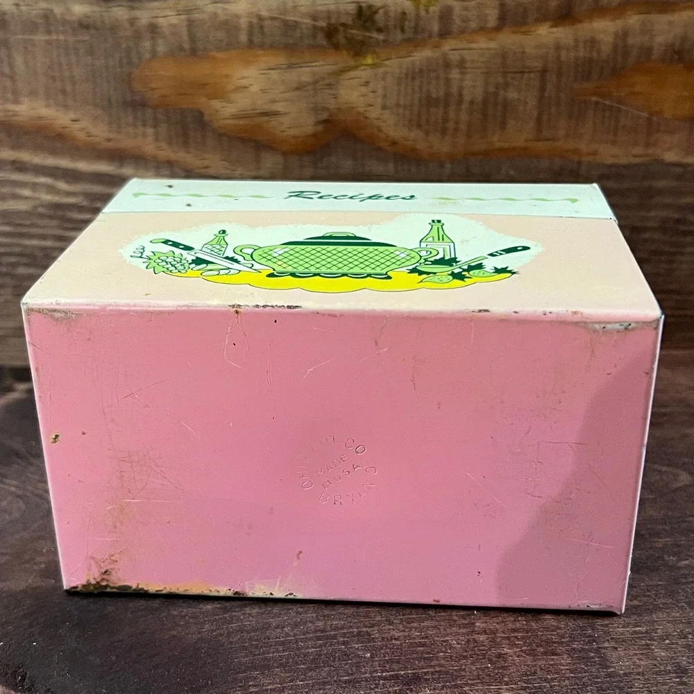 Vintage Ohio Art Co Metal Recipe Box Mid Century Kitchen Graphic Yellow Pink Tin